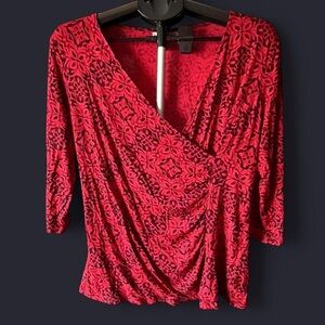 Dana Buchman Red Floral Wrap-Style Long Sleeve Top